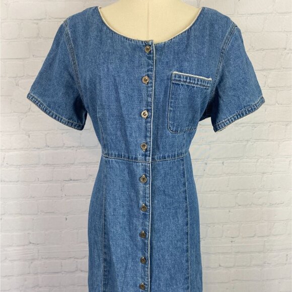 Vintage Western Romantic 12 Denim Babydoll Empire Waist Button Up Maxi Dress - Picture 2 of 13